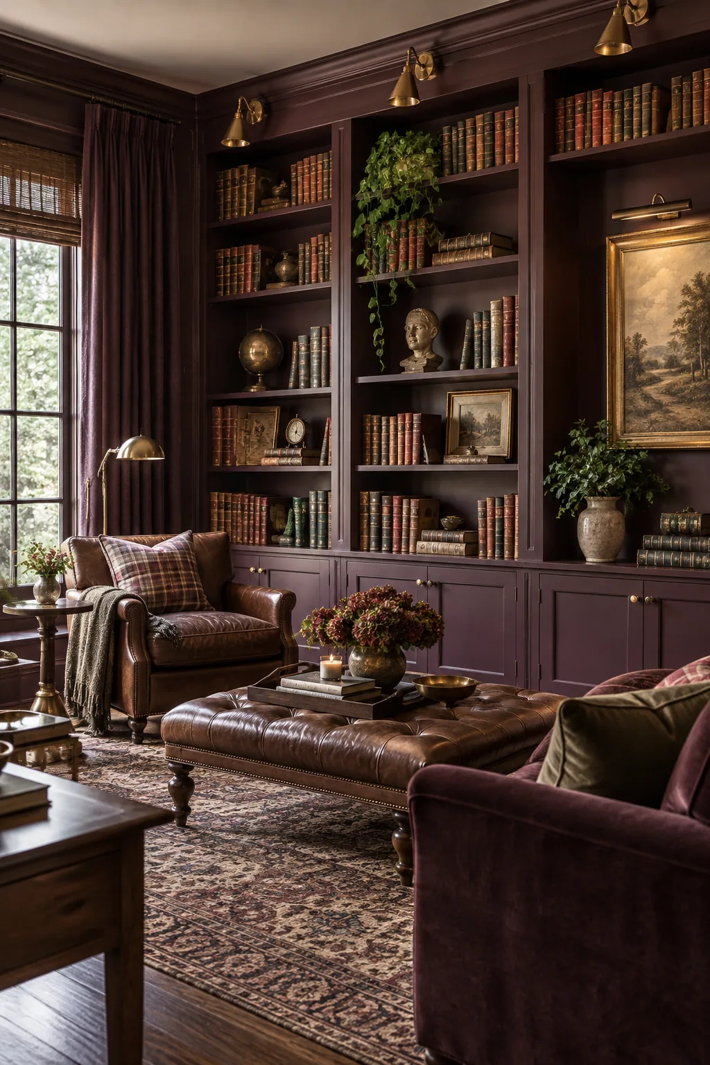 Floor-to-ceiling built-in bookshelves painted in dark plum, styled with leather books and brass sconces.