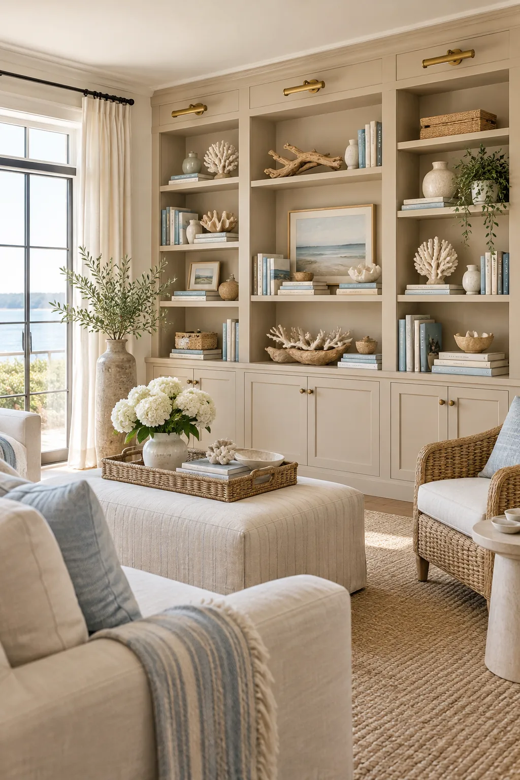Warm beige built-in bookshelves styled with coastal decor like coral and driftwood.