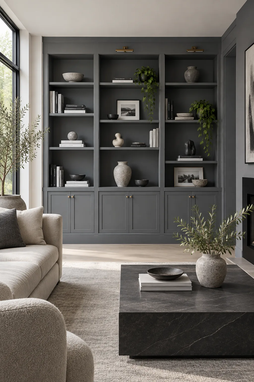 Slate gray built-in bookshelves styled sparsely with monochromatic ceramics.