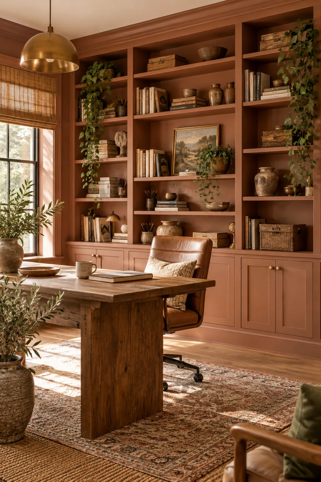 Terracotta clay built-in bookshelves in a home office, styled with pottery and ivy.