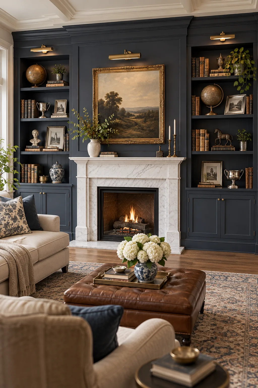 Classic navy blue built-in bookshelves flanking a white marble fireplace.
