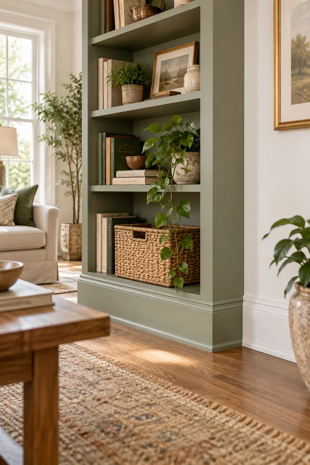 Lower section of a sage green built-in bookshelf holding large art books and a potted pothos plant.