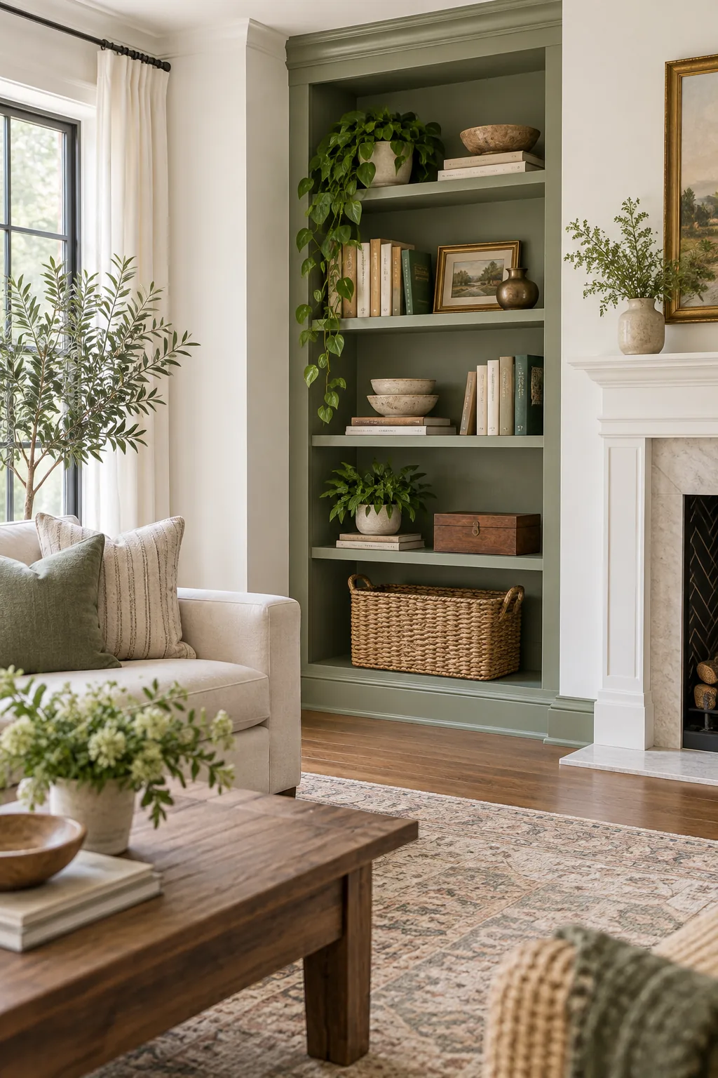 Sage green baseboard molding wrapping around the bottom of a built-in bookshelf and transitioning to the room's white wall.
