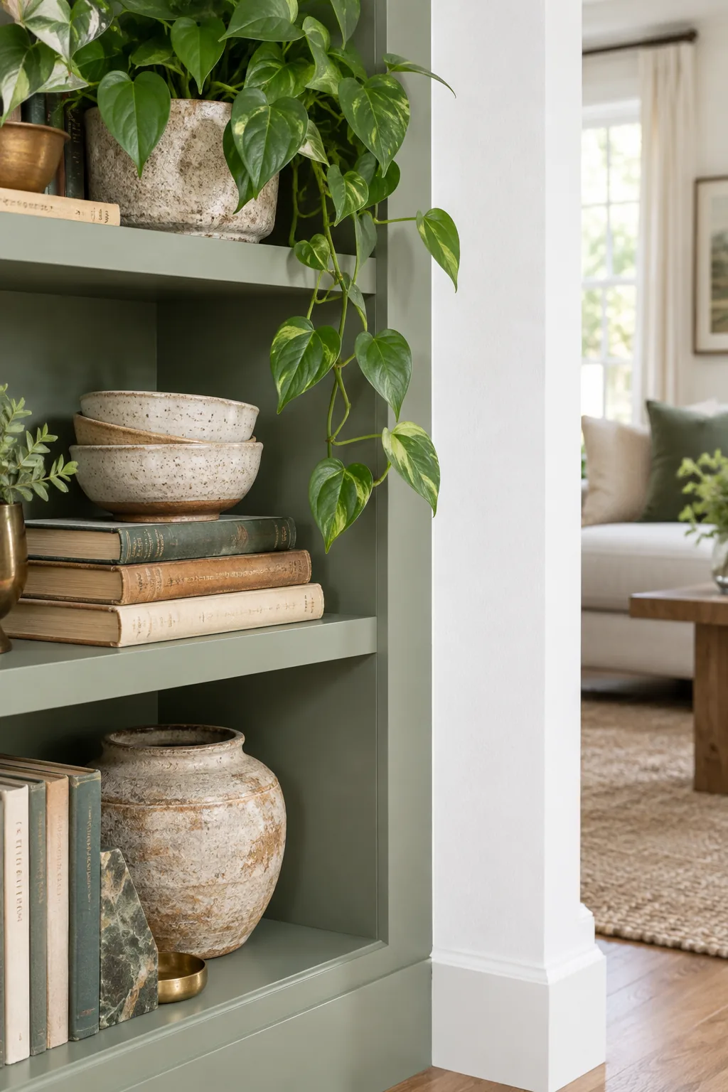Thick sage green shelf edge supporting ceramic bowls and books.