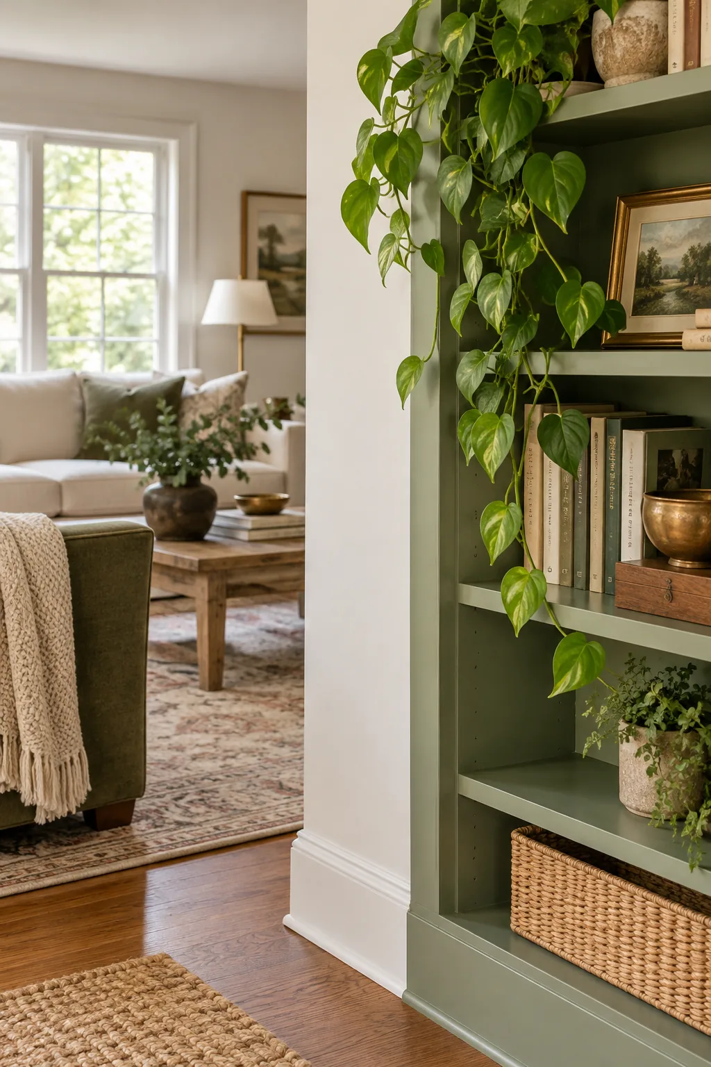 Seamless vertical joint between a sage green bookshelf and a white wall, styled with a potted philodendron.