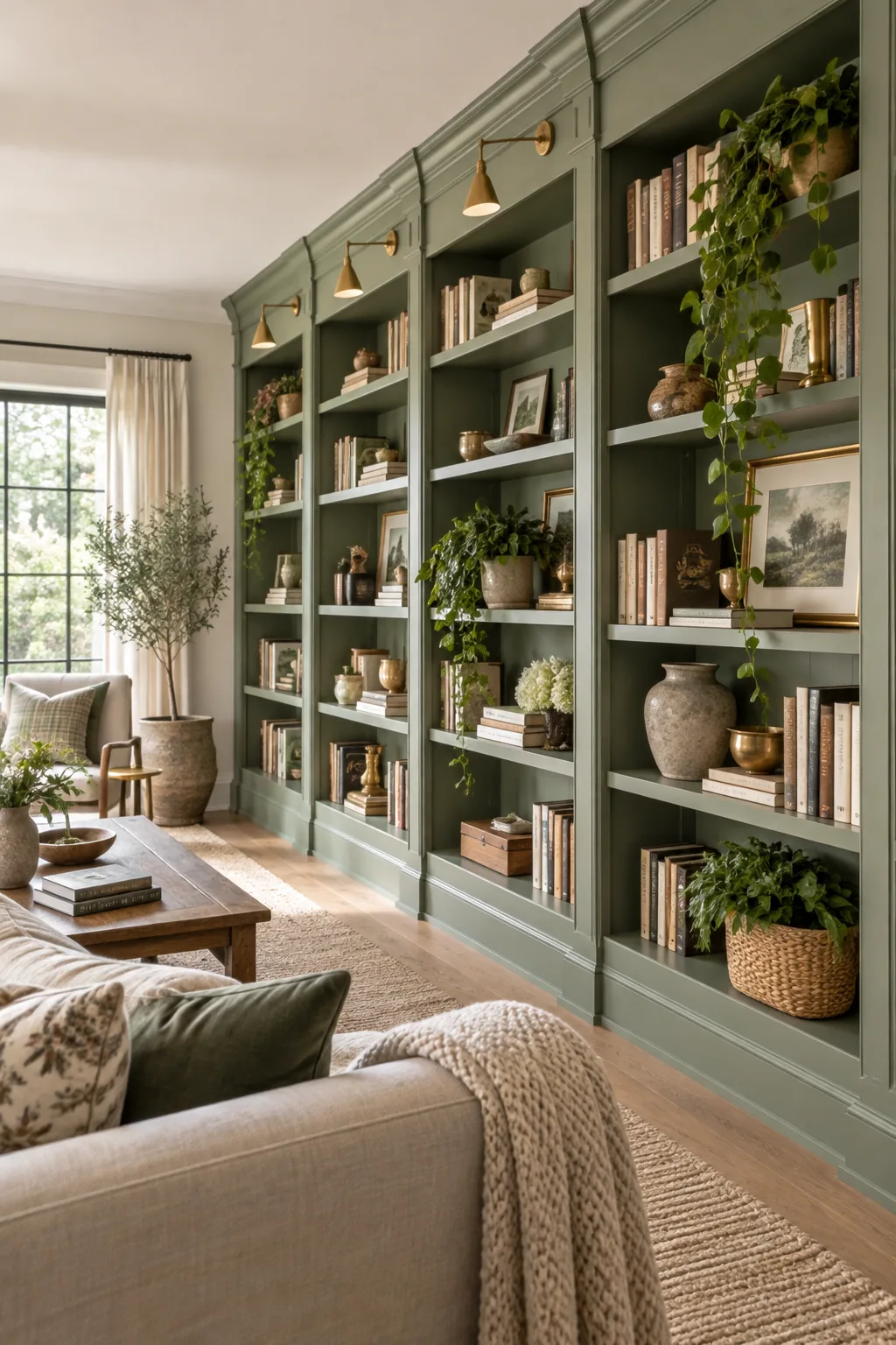 Complete floor-to-ceiling sage green built-in bookshelf with a soft satin finish, styled with books and plants.