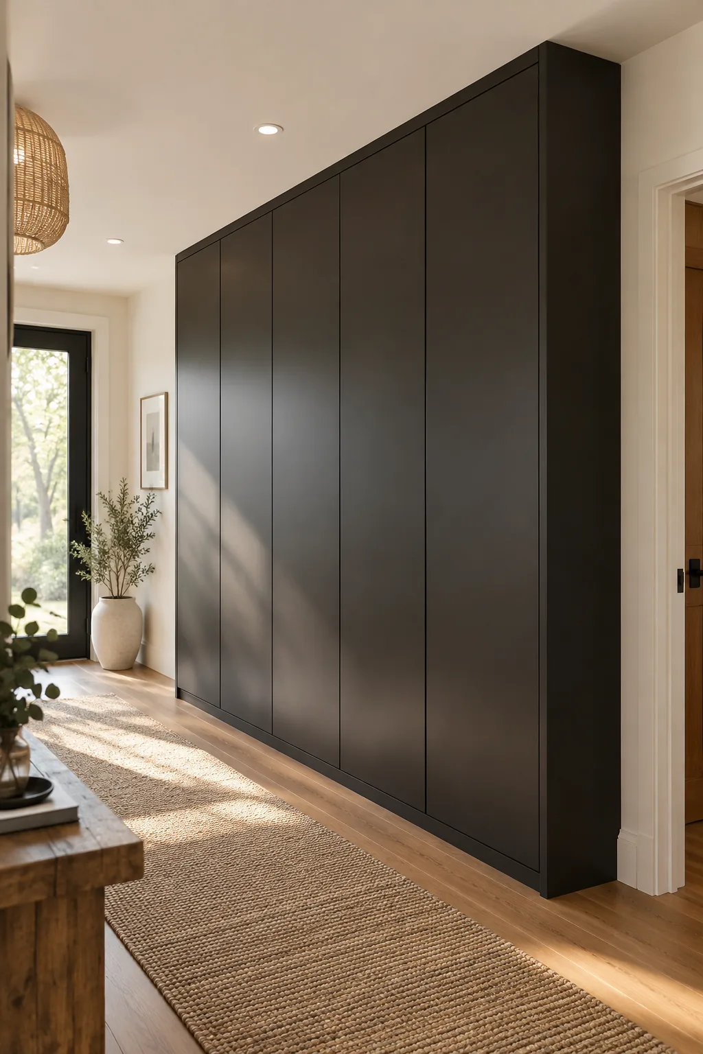 A minimalist matte black floor-to-ceiling built-in closet in a modern hallway.