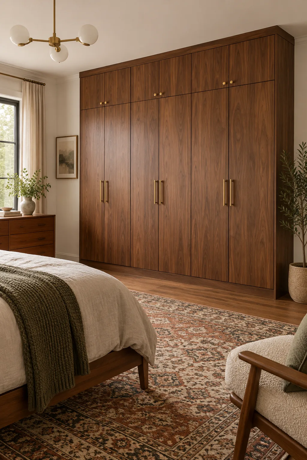 A warm walnut wood built-in wardrobe in a mid-century bedroom with a vintage rug.