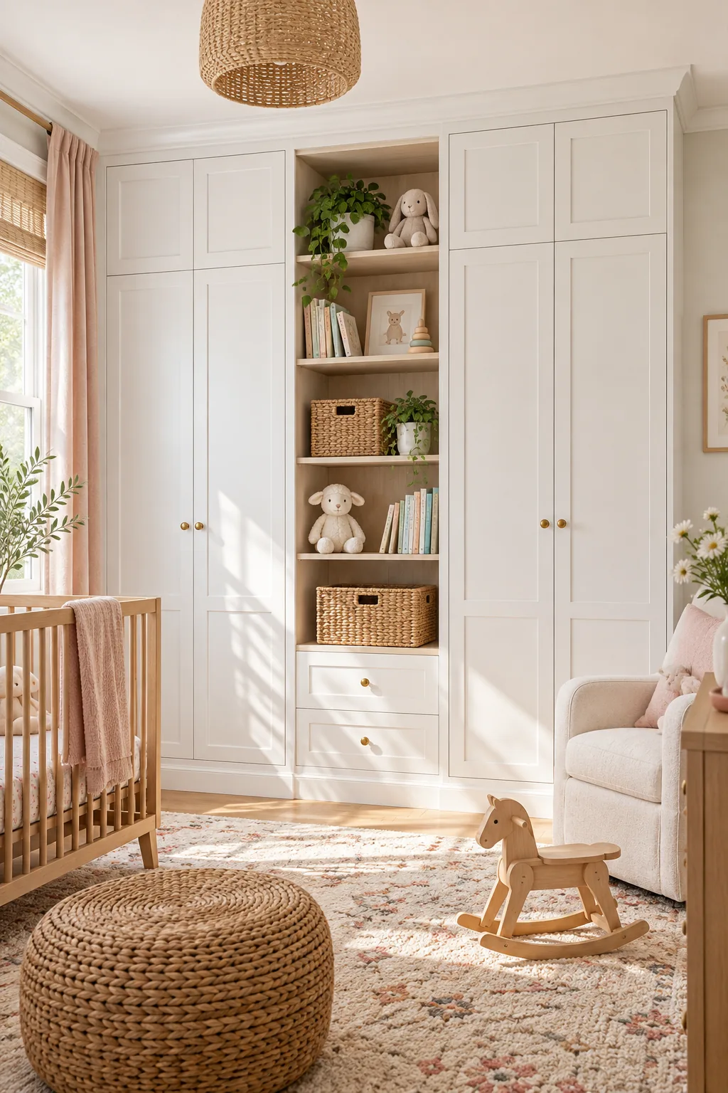 A crisp white shaker style built-in closet in a bright nursery with open shelving.