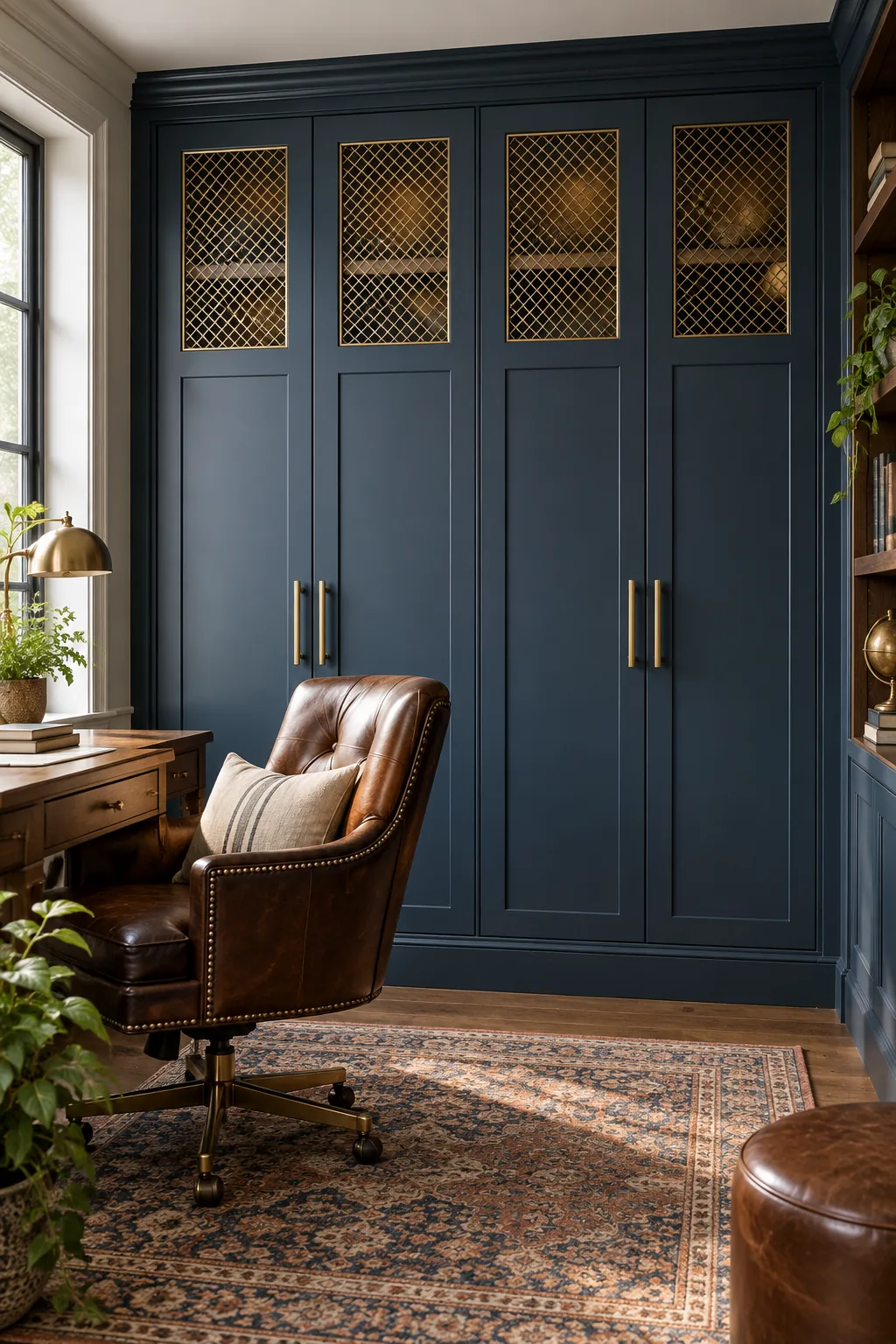A deep navy blue built-in closet with brass grilles in a home office.
