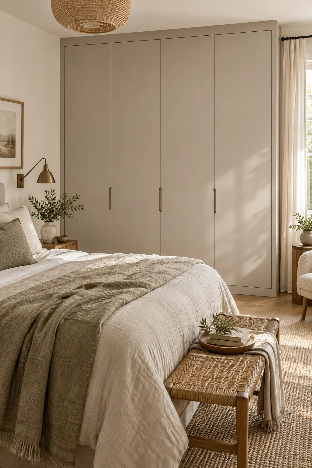 A soft taupe flat-panel built-in closet in a minimalist guest room.