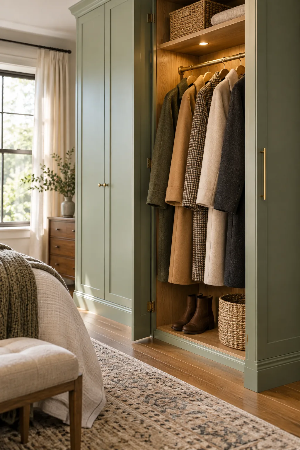 Interior of an open closet showing heavy winter coats hanging on a brass rod against an oak back wall.