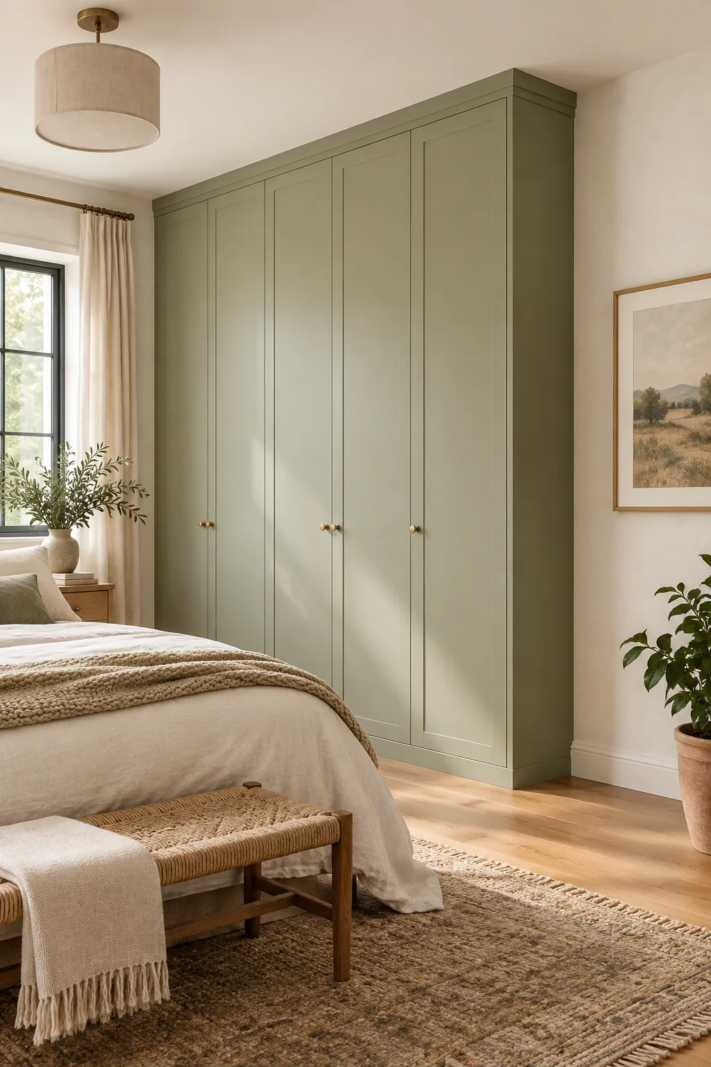A painted sage green cabinet side sitting flush against a textured white bedroom wall.