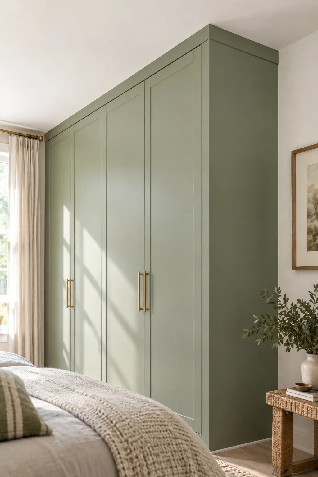The top of a sage green built-in closet meeting a smooth white ceiling with no visible gaps.