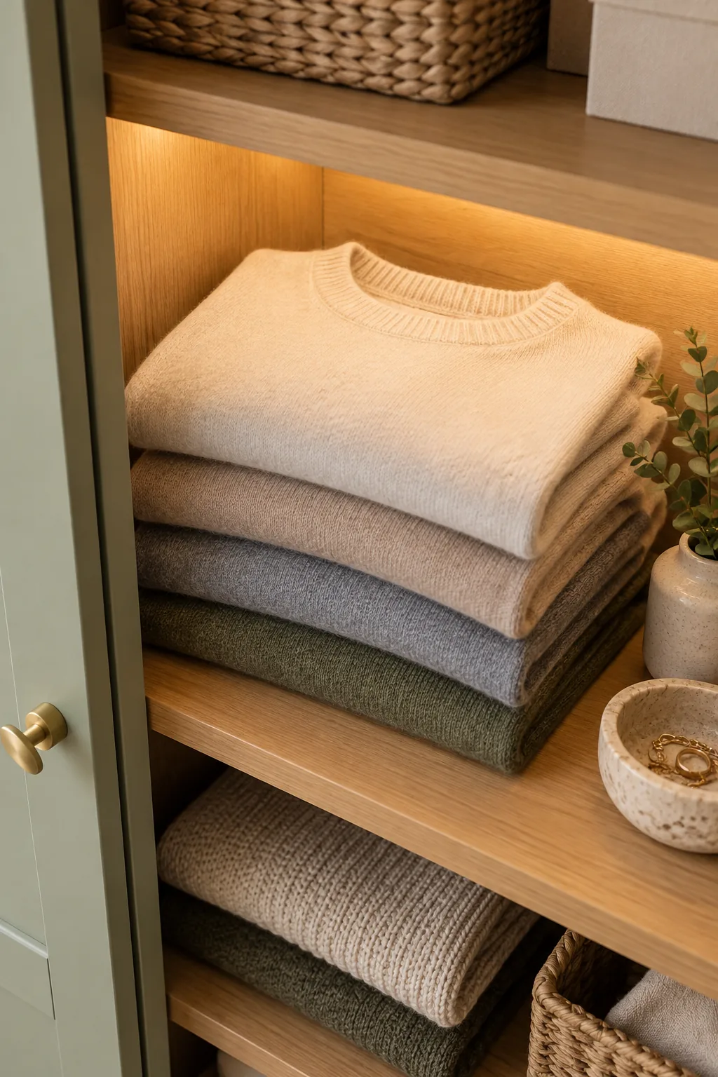 Folded sweaters on an oak shelf illuminated by a recessed LED light strip.