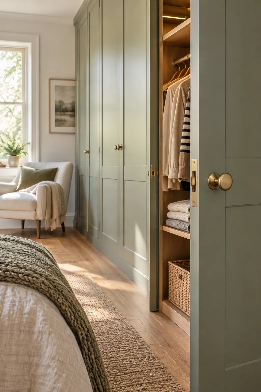 An open cabinet door showing brass hardware and an even clearance gap along the side frame.