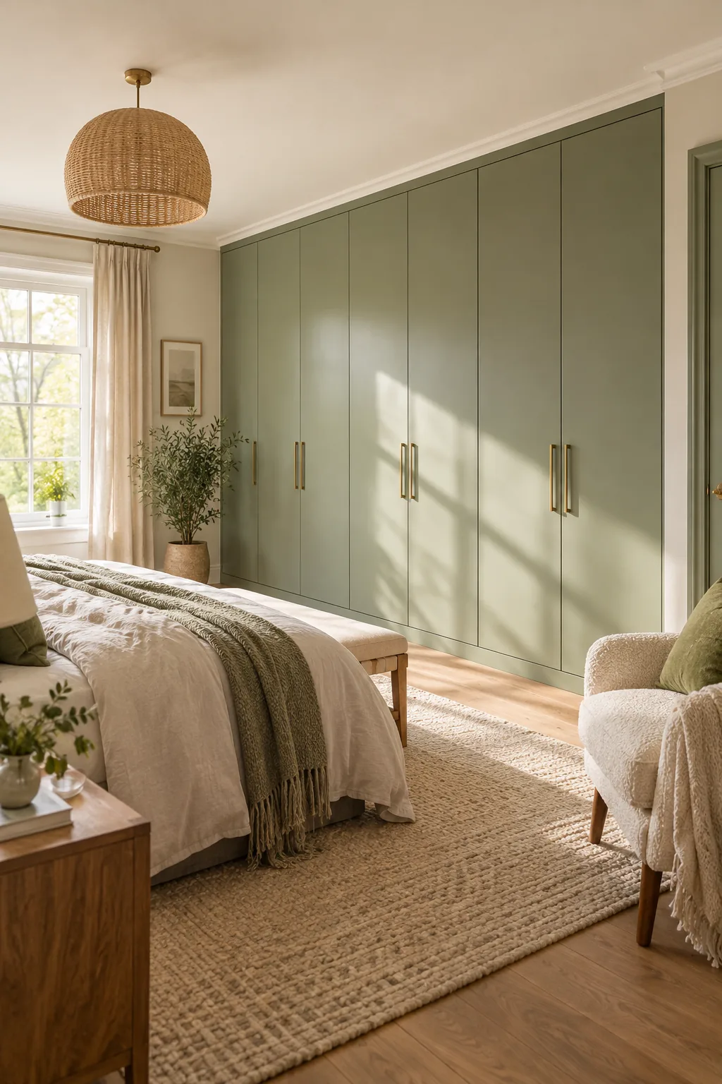 Closed sage green wardrobe doors with a smooth satin finish reflecting soft window light.