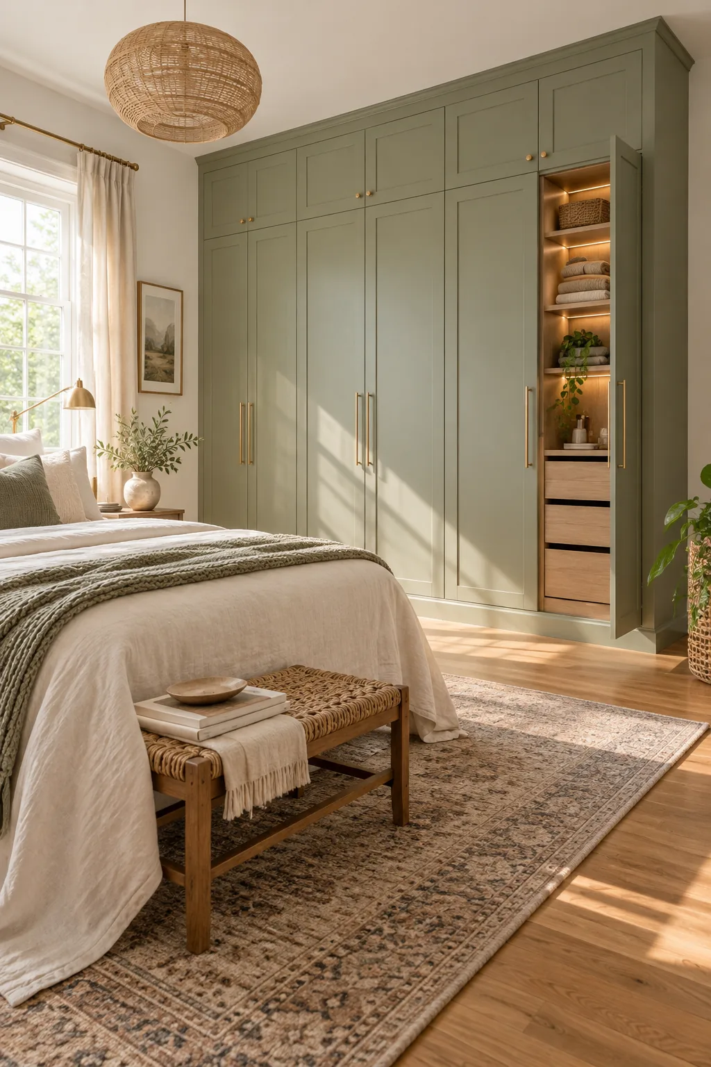 A completed bedroom featuring a large floor-to-ceiling sage green built-in closet and a neatly made bed.
