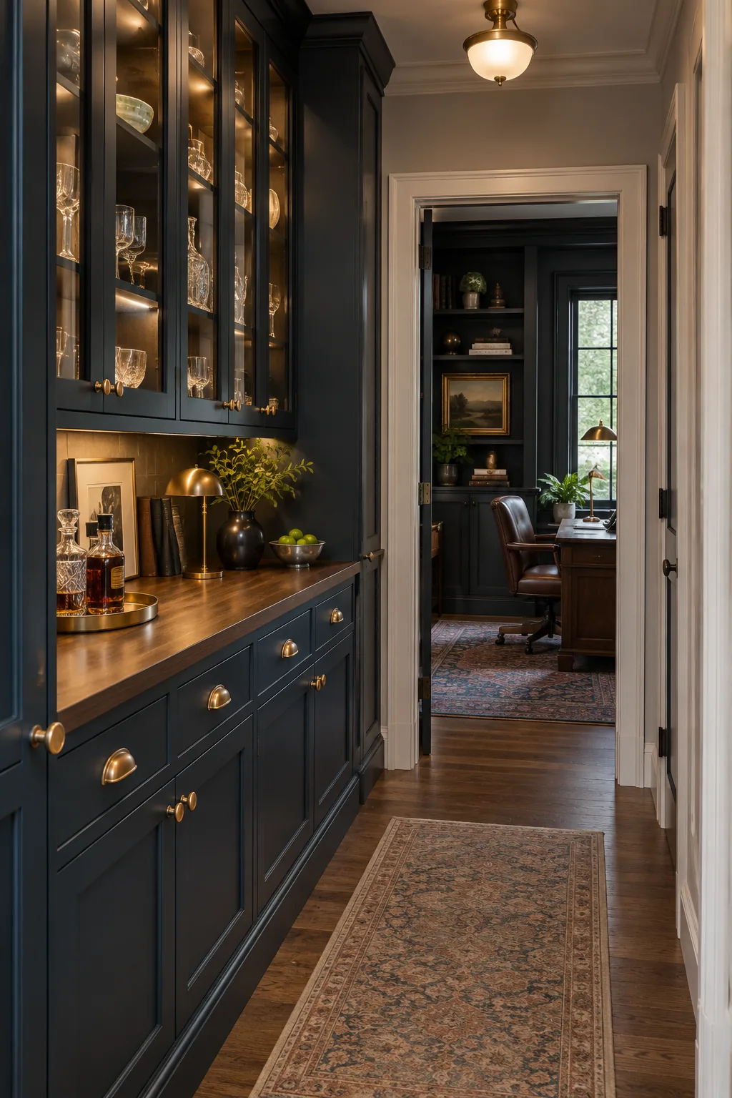 A narrow pass-through pantry with navy blue cabinets and a walnut countertop.