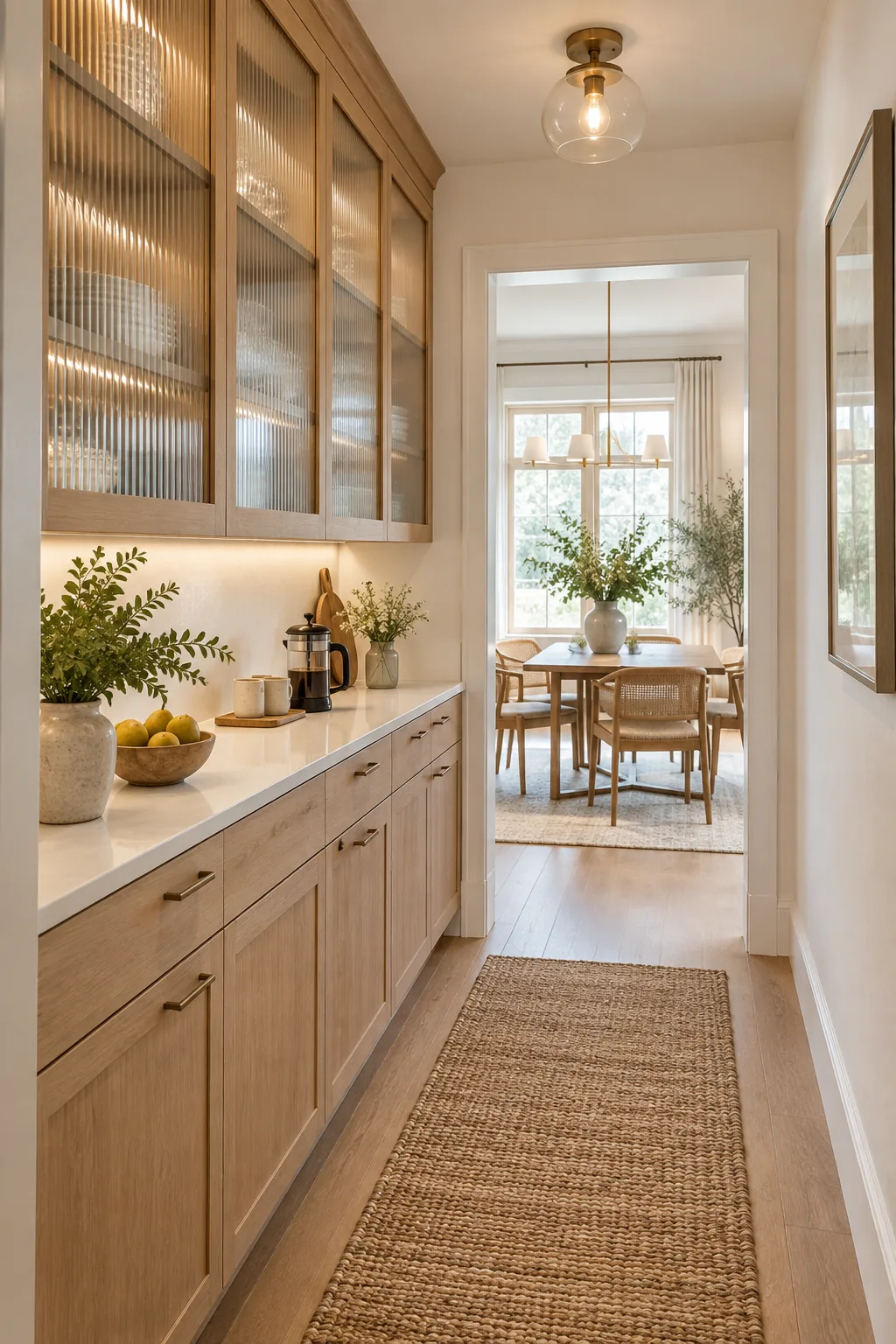 A Scandi-style narrow pantry with white oak cabinets and fluted glass upper doors.