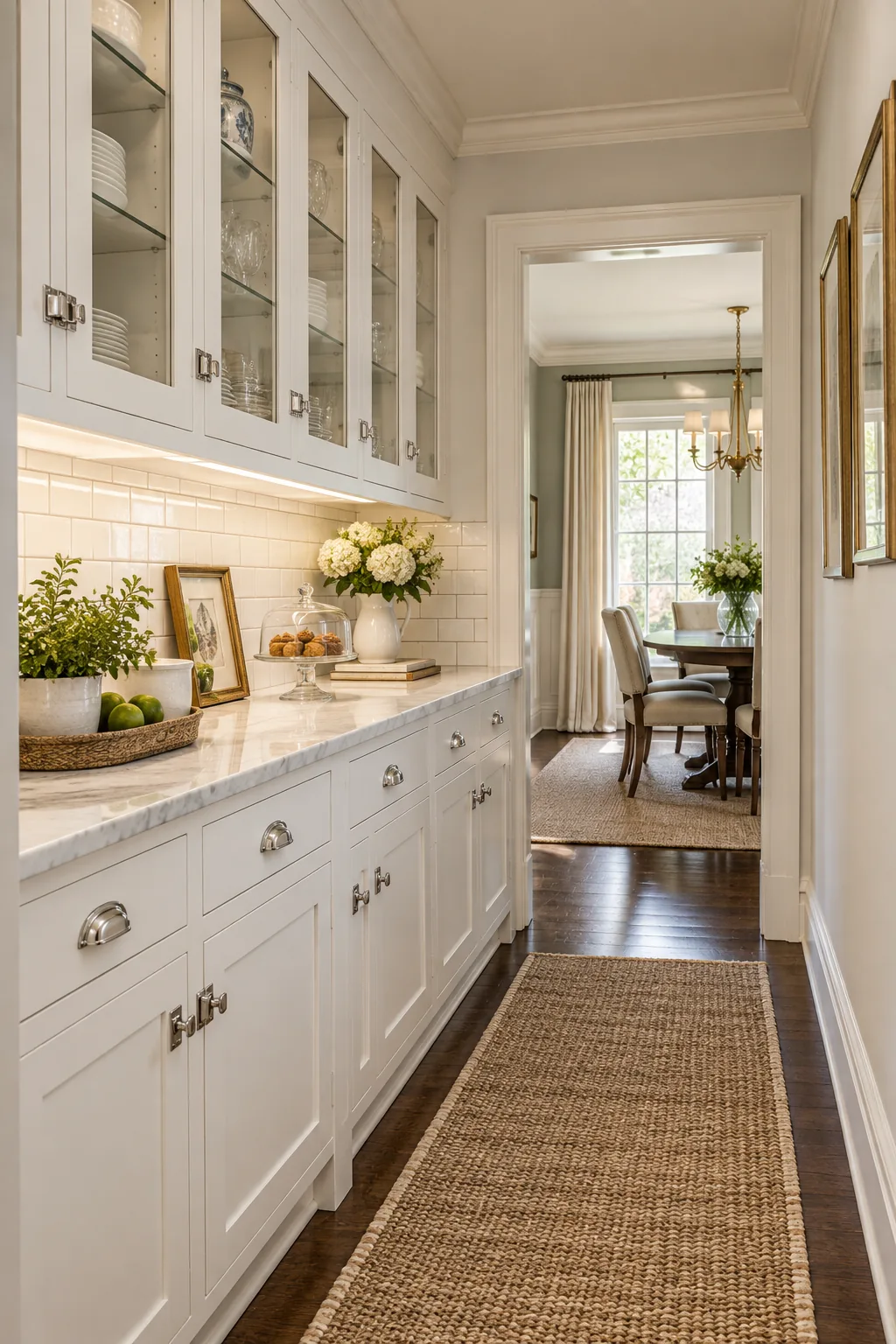 A classic white butler pantry in a hallway with subway tile and polished nickel hardware.
