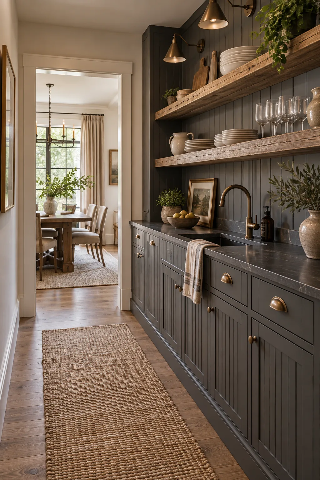 A modern rustic narrow pantry with charcoal cabinets, a soapstone counter, and open wood shelves.