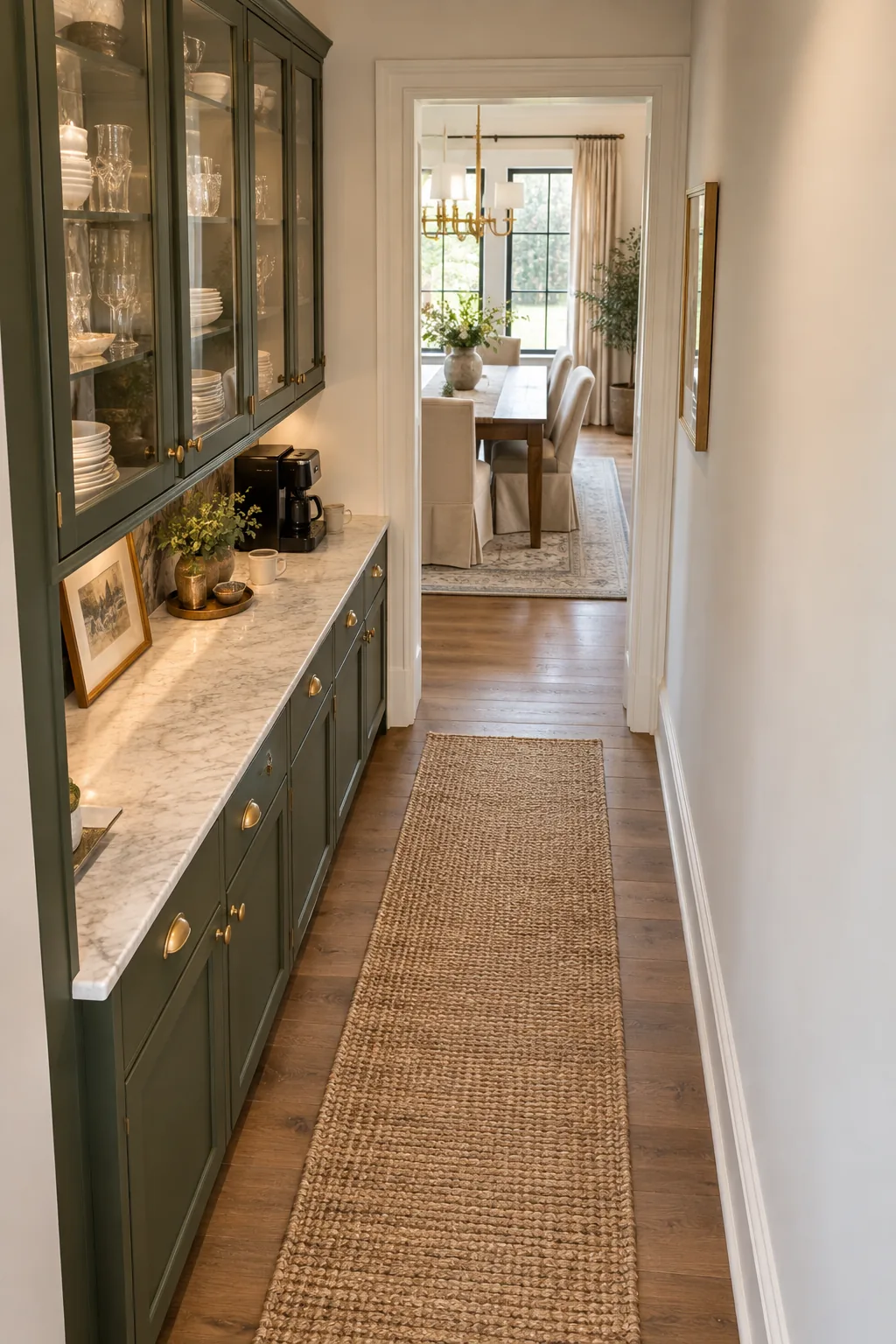 Straight-on view down a 5-foot hallway showing green pantry cabinets on one side and a clear walkway on the other.