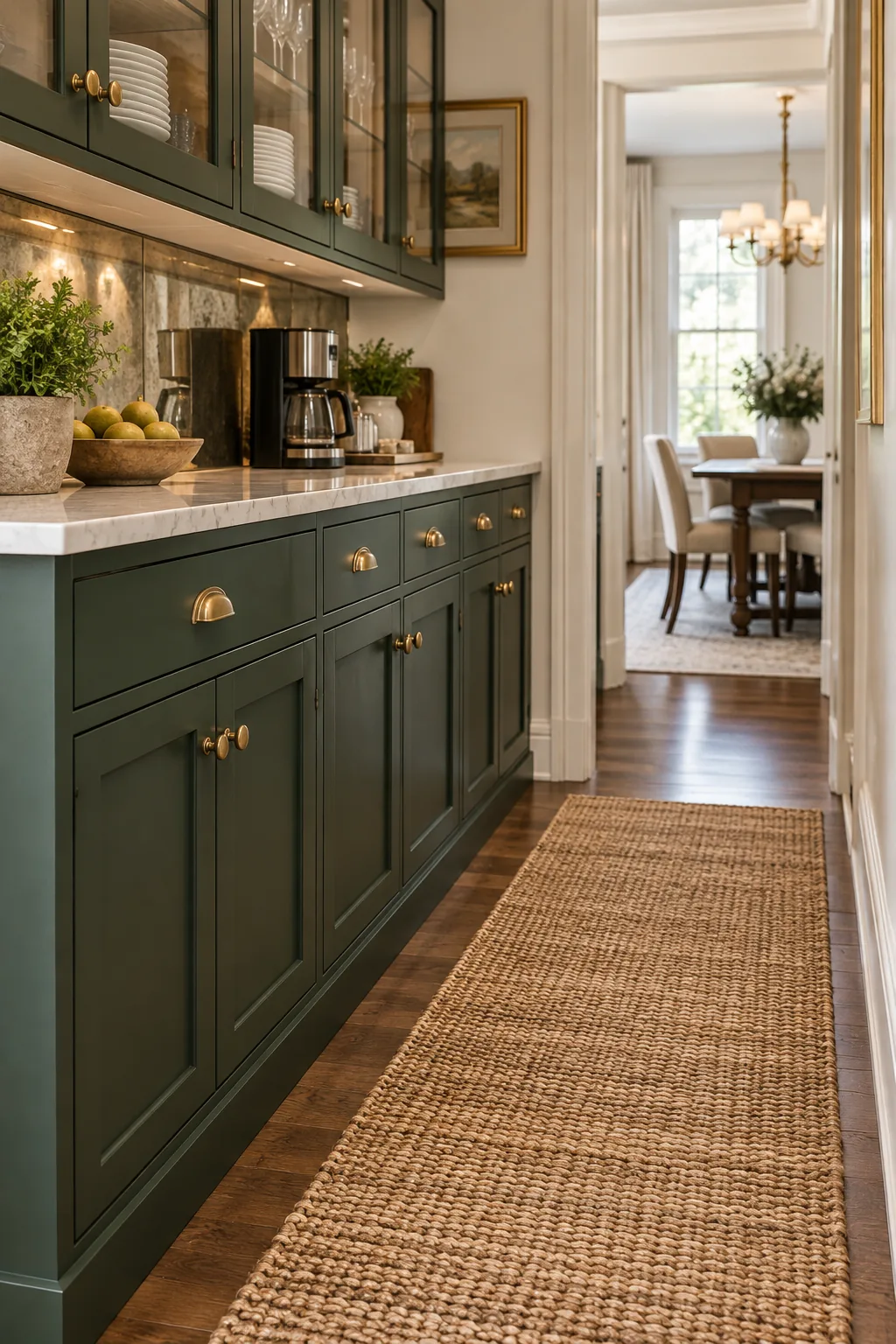 Low angle view of a jute runner rug in a 36-inch wide hallway aisle next to green base cabinets.
