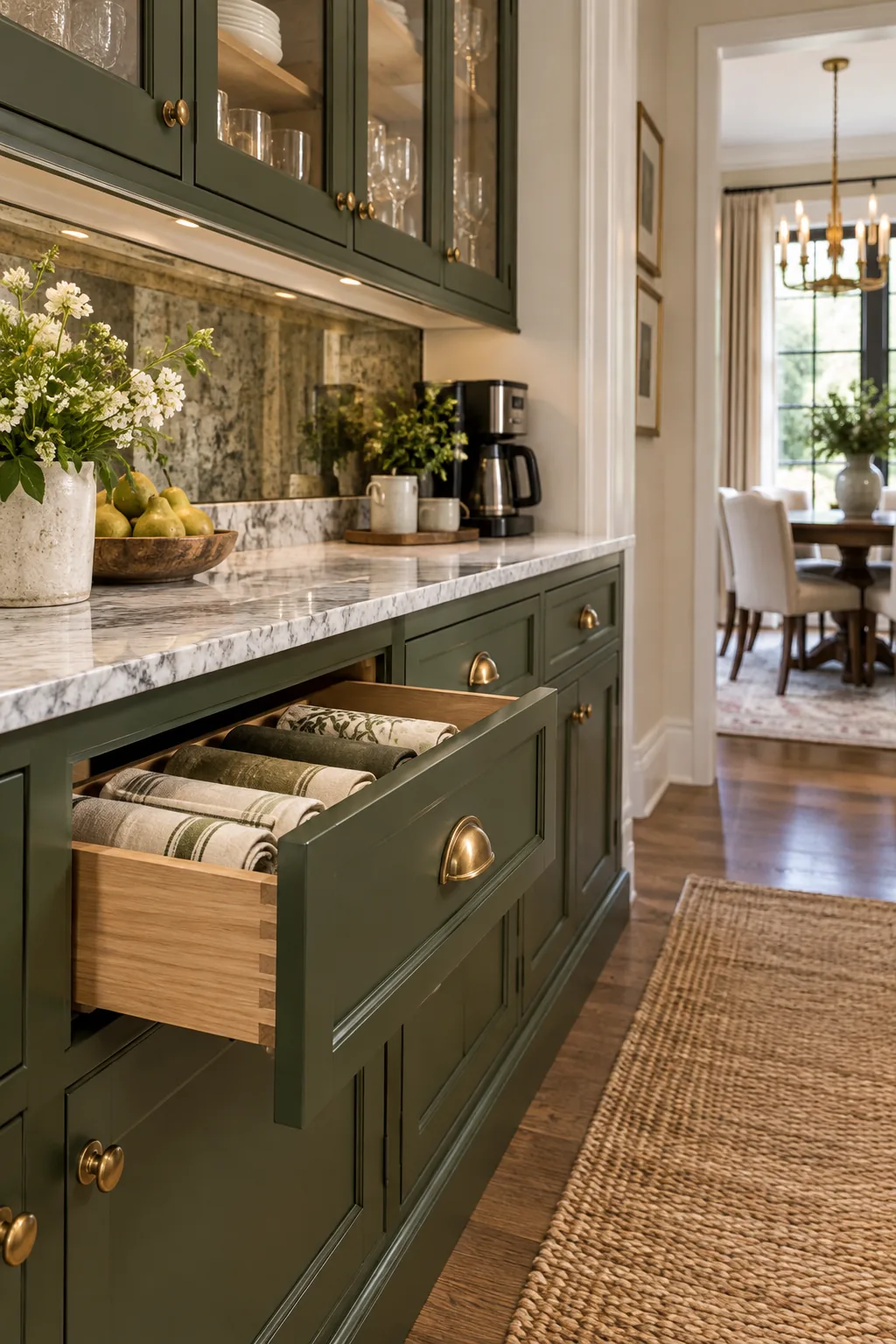 Shallow green base cabinets with brass knobs installed on a tall custom toe-kick base.