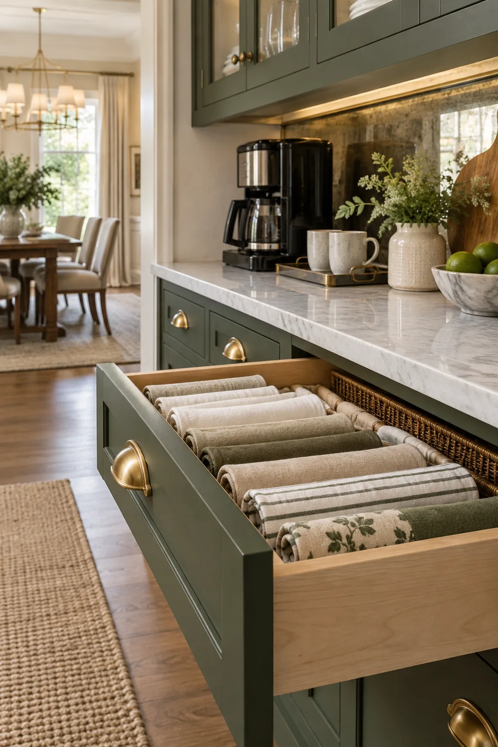 An open shallow green drawer filled with rolled white cloth napkins.