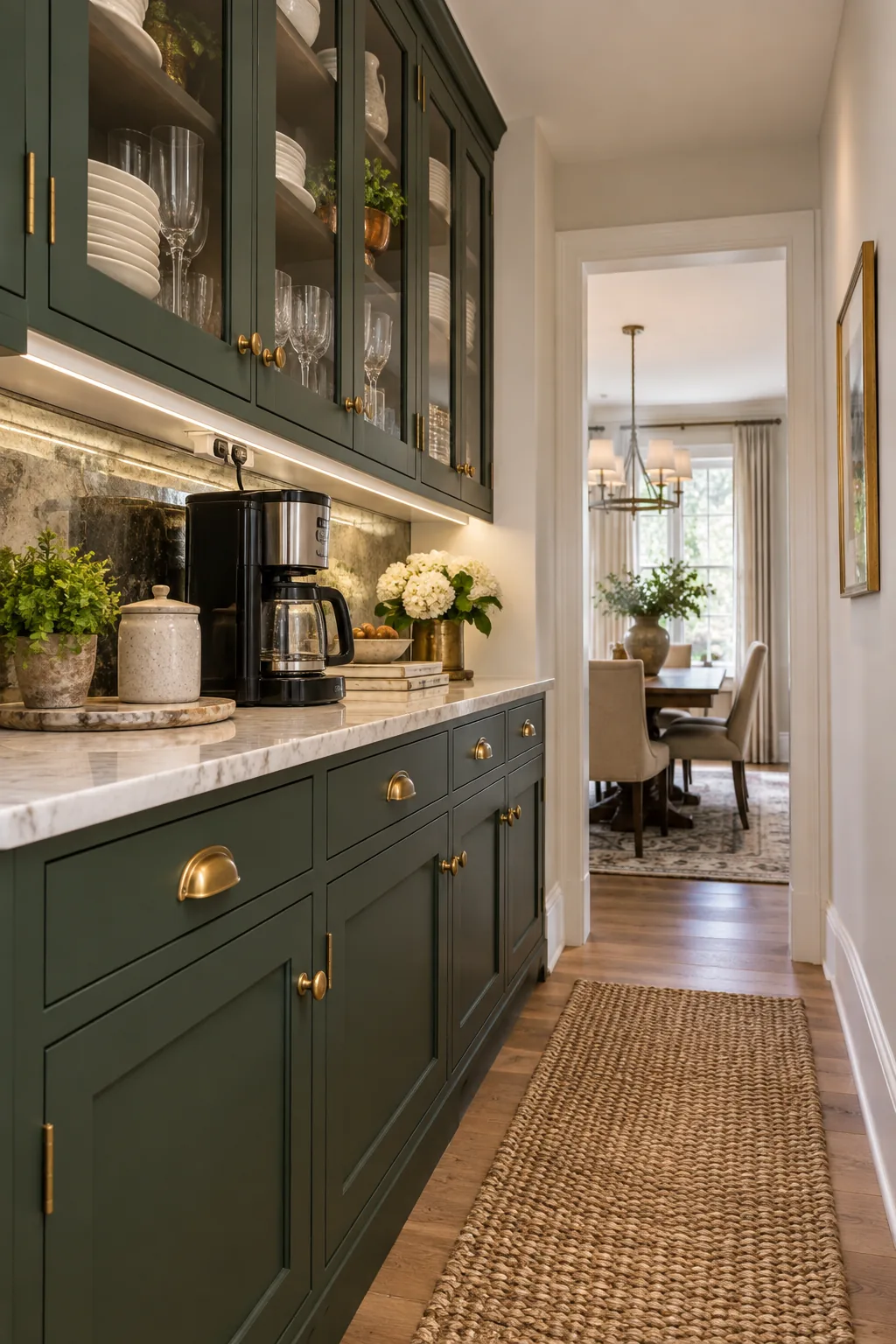A white electrical plug strip installed directly underneath a green upper cabinet, with an appliance cord plugged in.