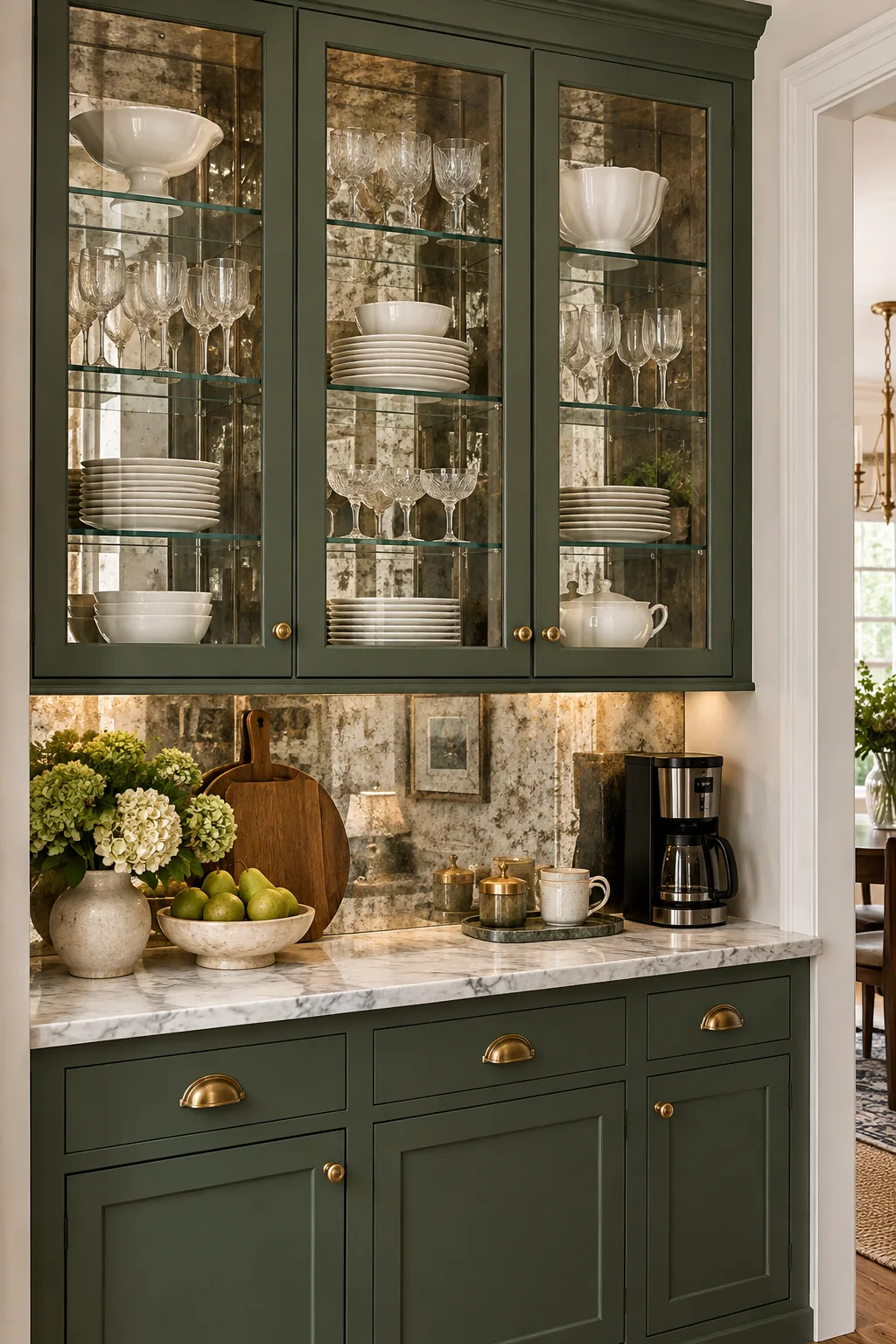 Glass-front green upper cabinets with antiqued mirror backings reflecting stacked plates and wine glasses.