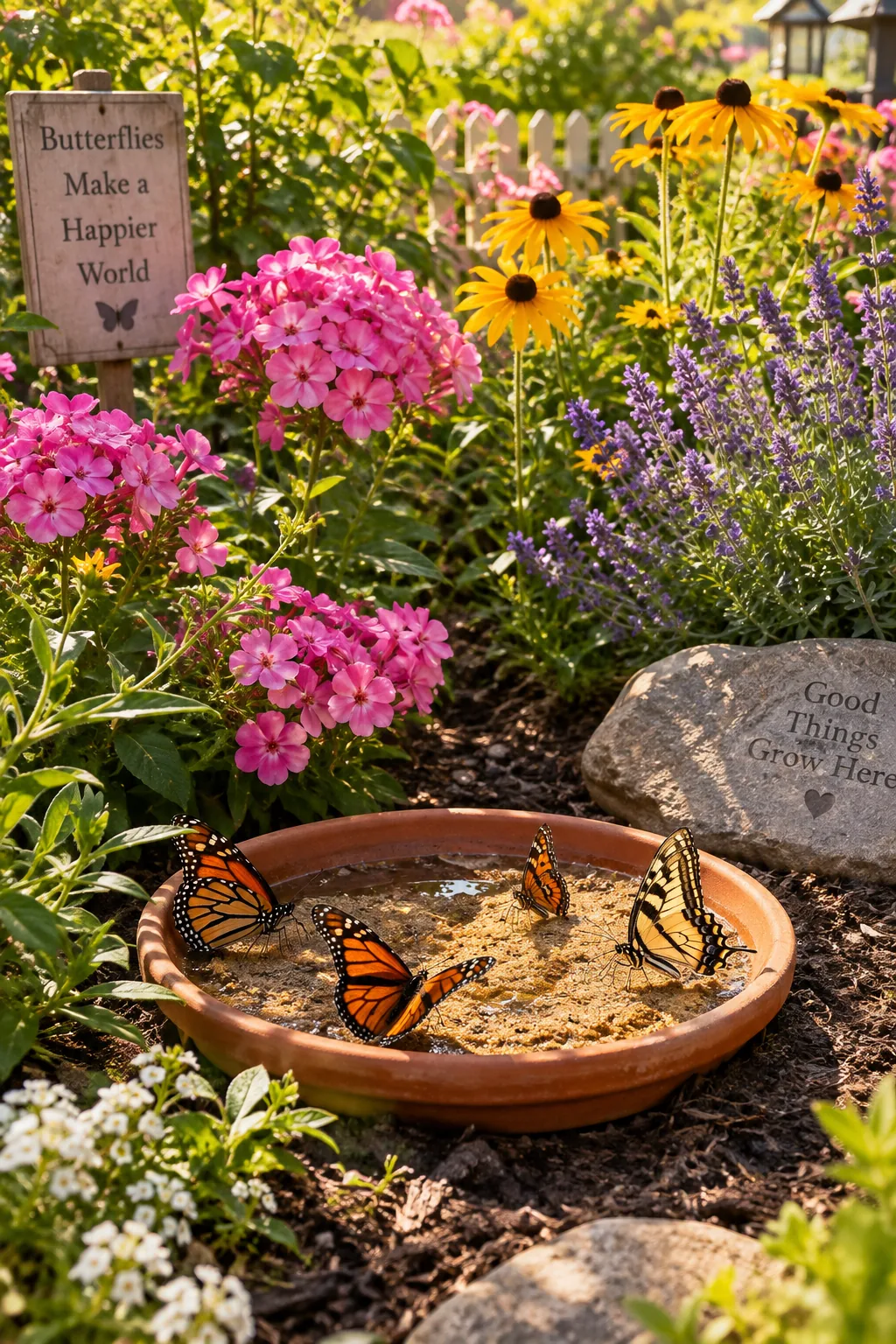 Terracotta saucer filled with wet sand and flat stones sitting in a sunny garden bed