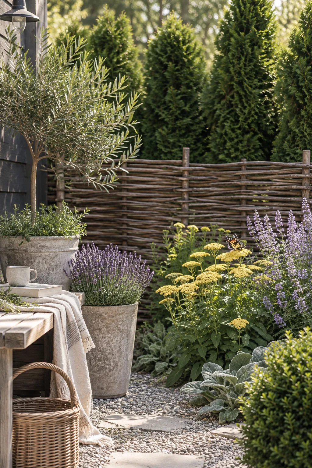 Dense row of evergreen shrubs protecting a colorful flower bed