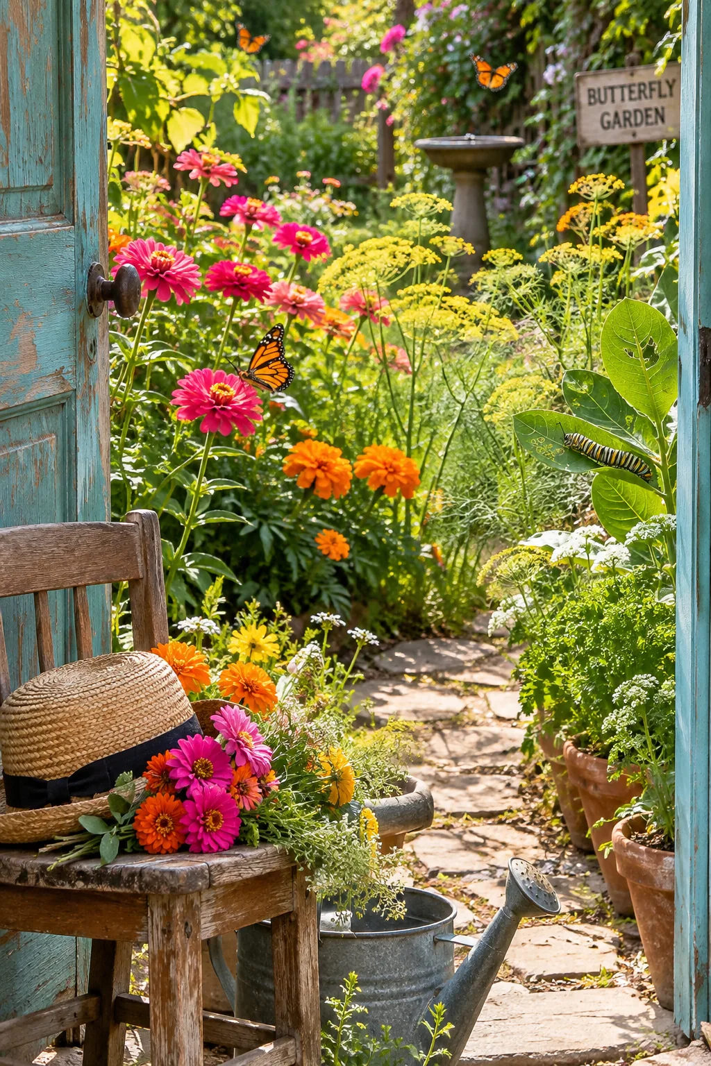 Green dill and fennel plants growing next to blooming garden flowers