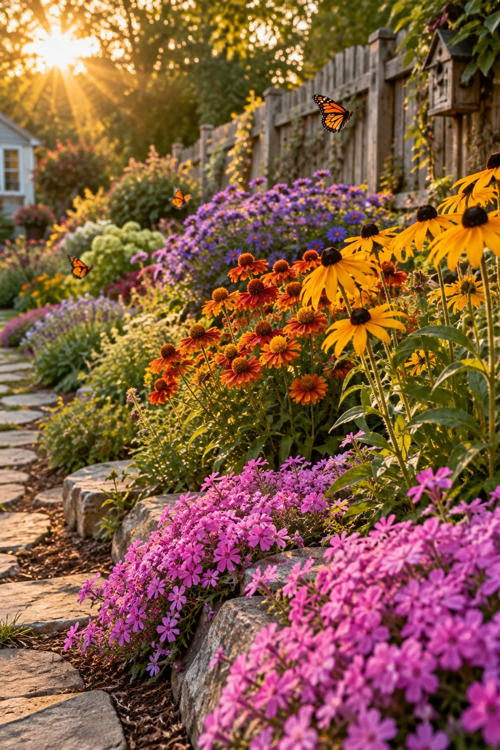 Garden bed showing early spring creeping phlox blooming next to leafy summer plants
