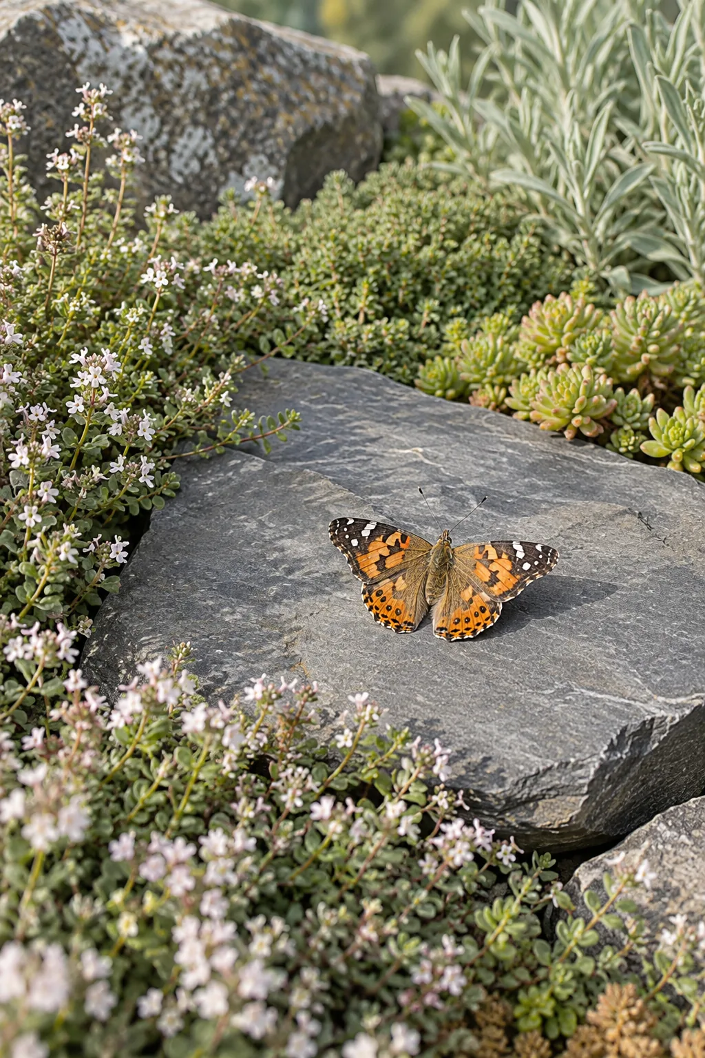 Dark flat slate rock placed in a sunny spot among low ground cover