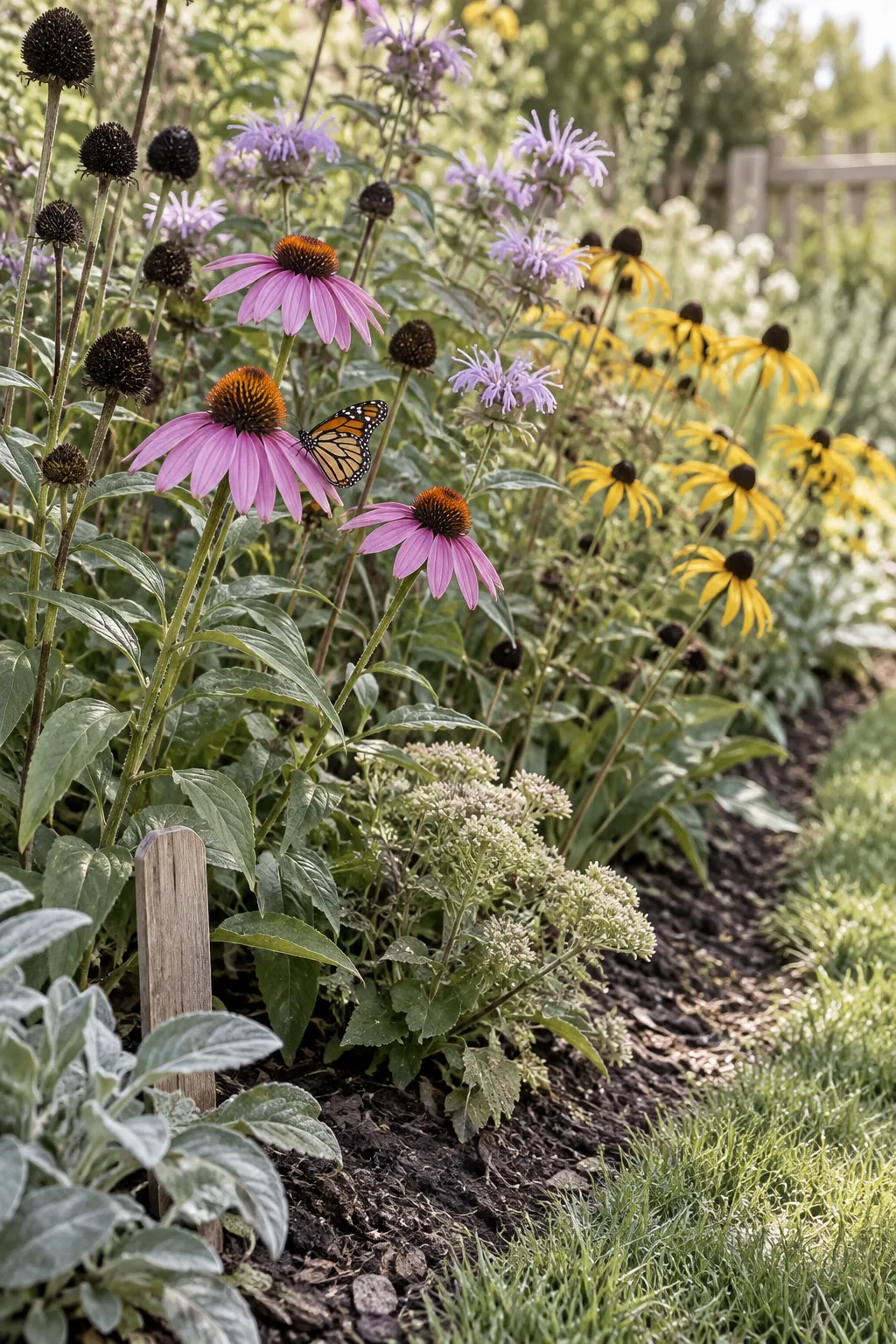 Lush border of native wildflowers growing along the edge of a green lawn