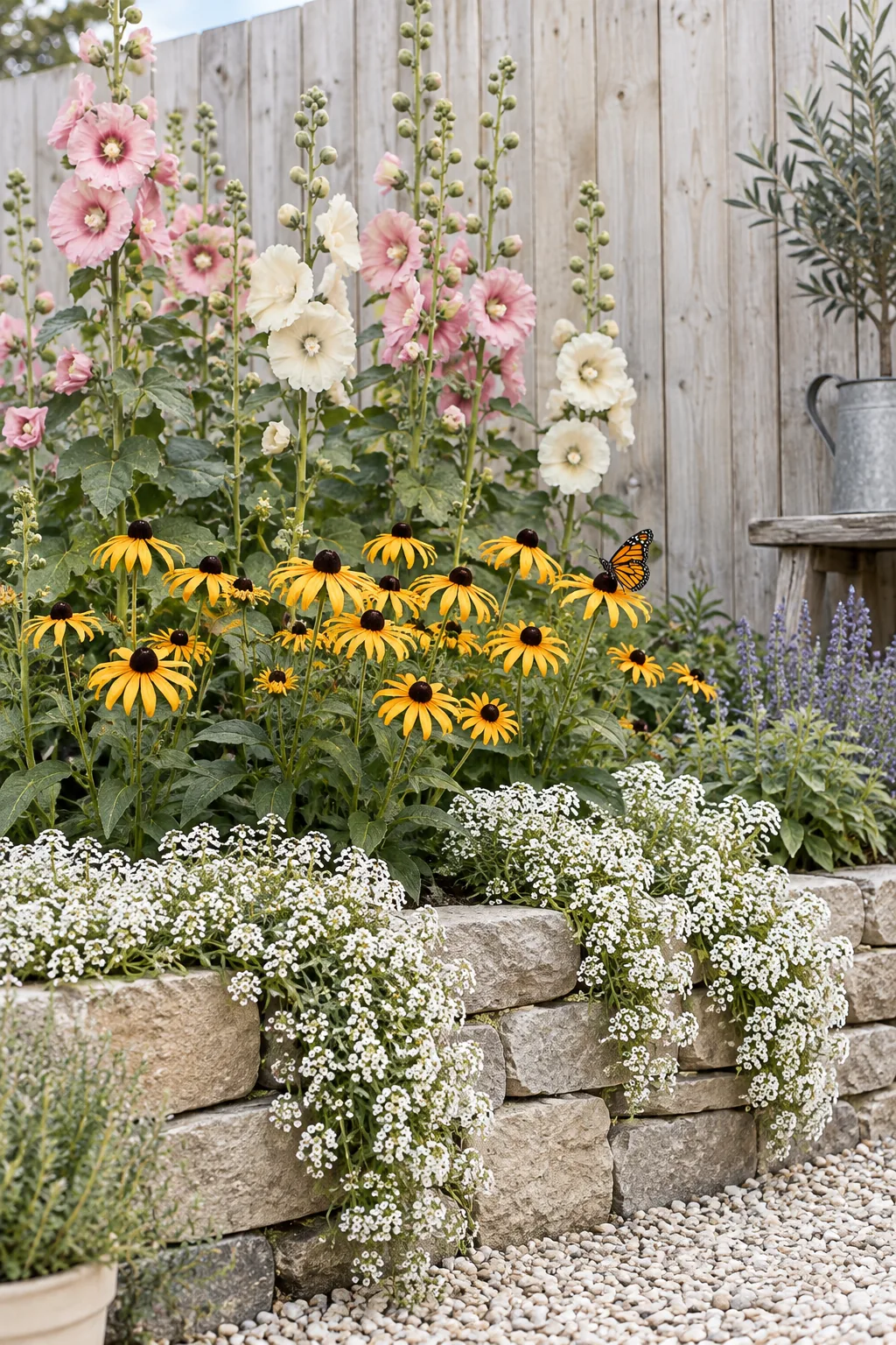 Flower bed with tall hollyhocks in back and trailing alyssum in front