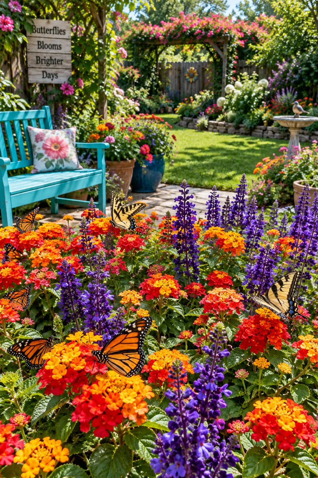 Bright mix of orange lantana and purple salvia flowers in a garden bed