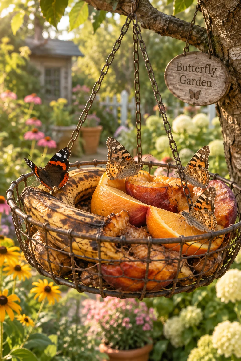 Wire basket hanging from a tree branch filled with sliced oranges and bananas