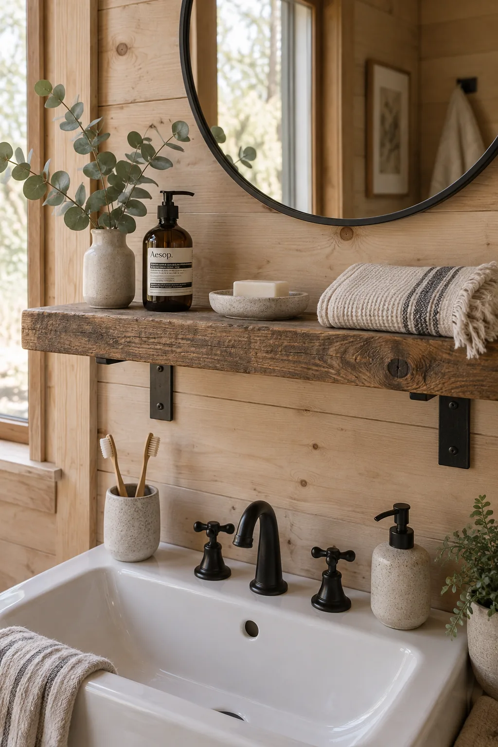 Rough sawn wood shelf over a bathroom sink