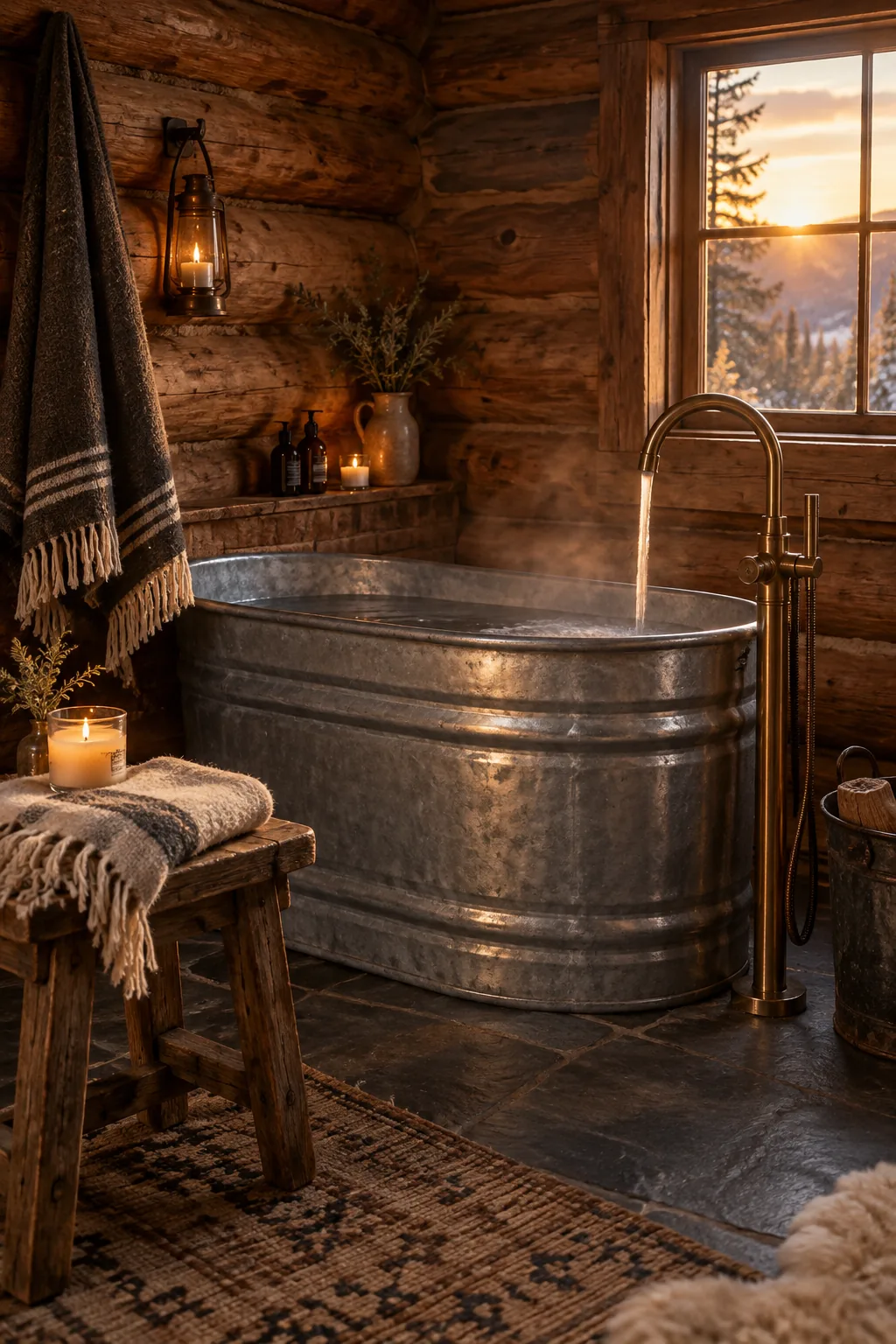 Galvanized metal trough used as a bathtub