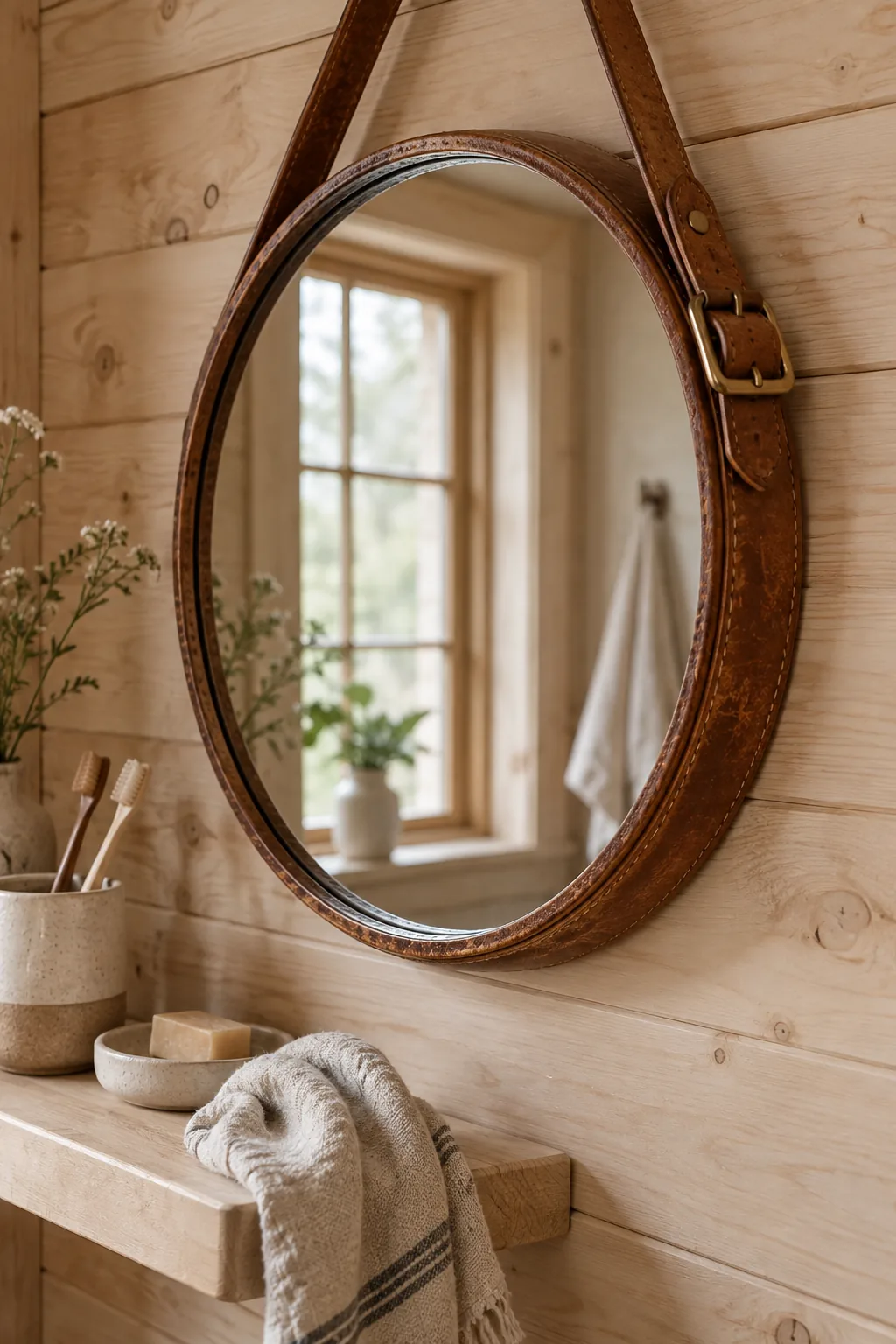 Round vintage leather strap mirror over a vanity
