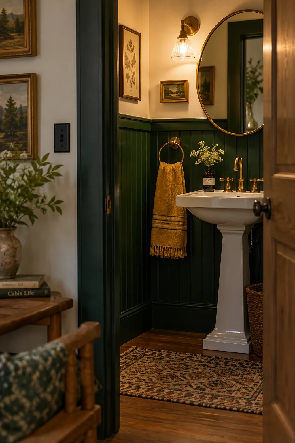 Dark forest green beadboard wainscoting in a bathroom