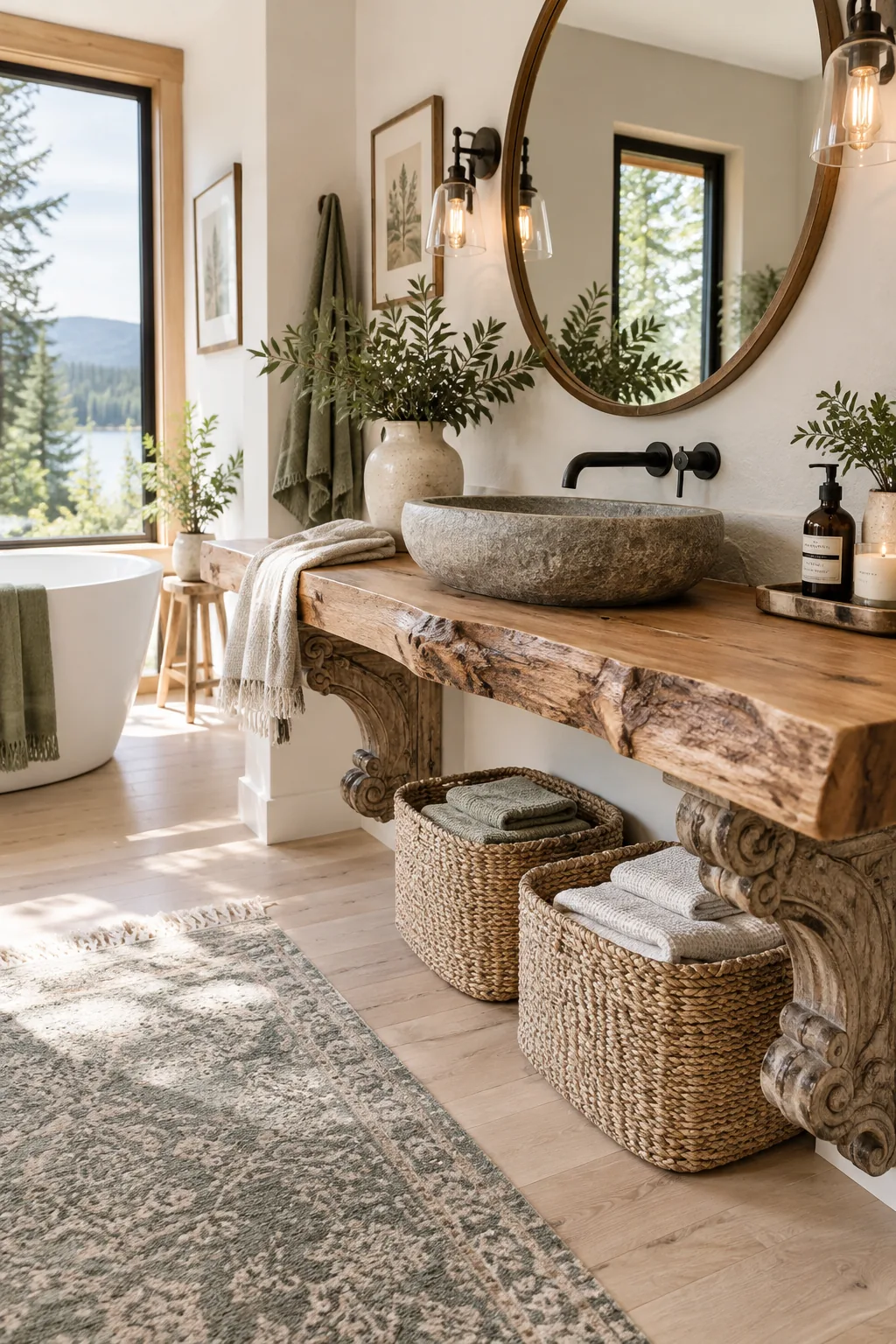 Salvaged wood corbels supporting a stone vanity top
