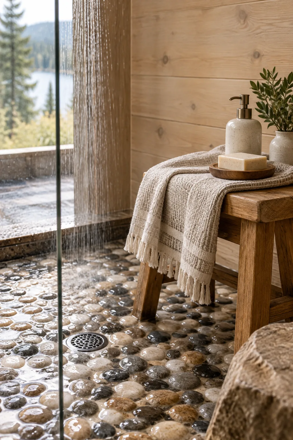 Natural river rock pebble tile on shower floor
