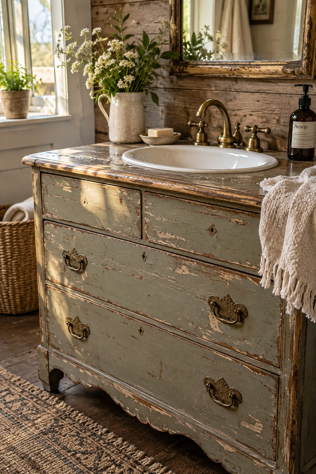 Antique wood dresser converted into a bathroom vanity