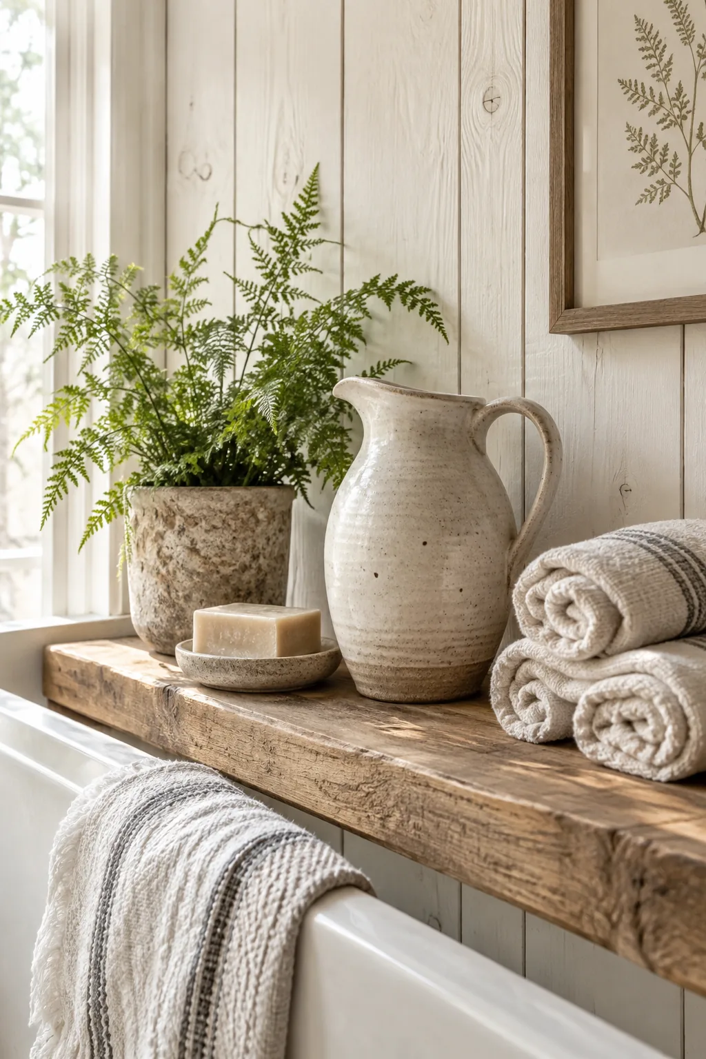 Vertical white pine shiplap walls in a bathroom