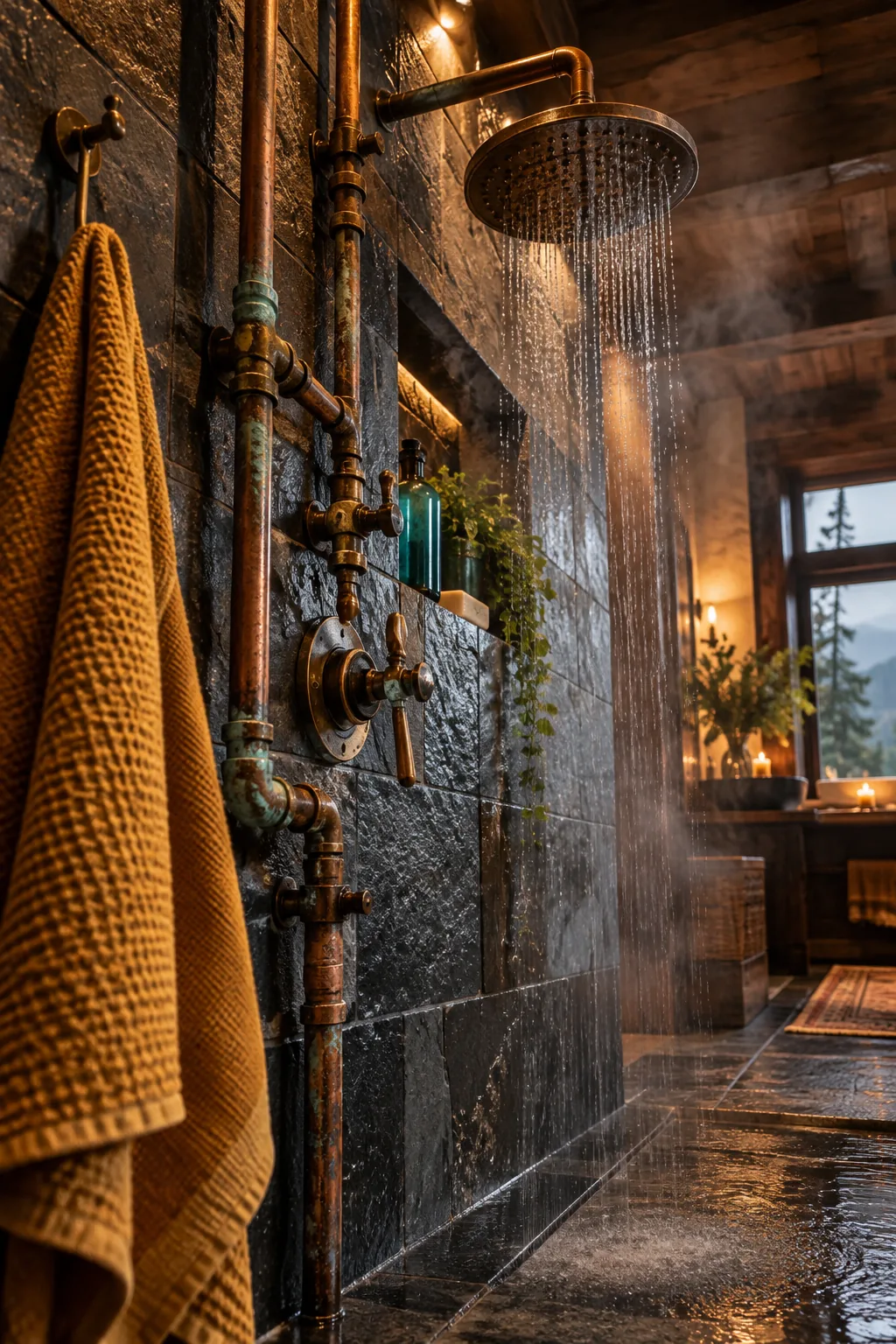 Exposed copper plumbing pipes in a slate shower